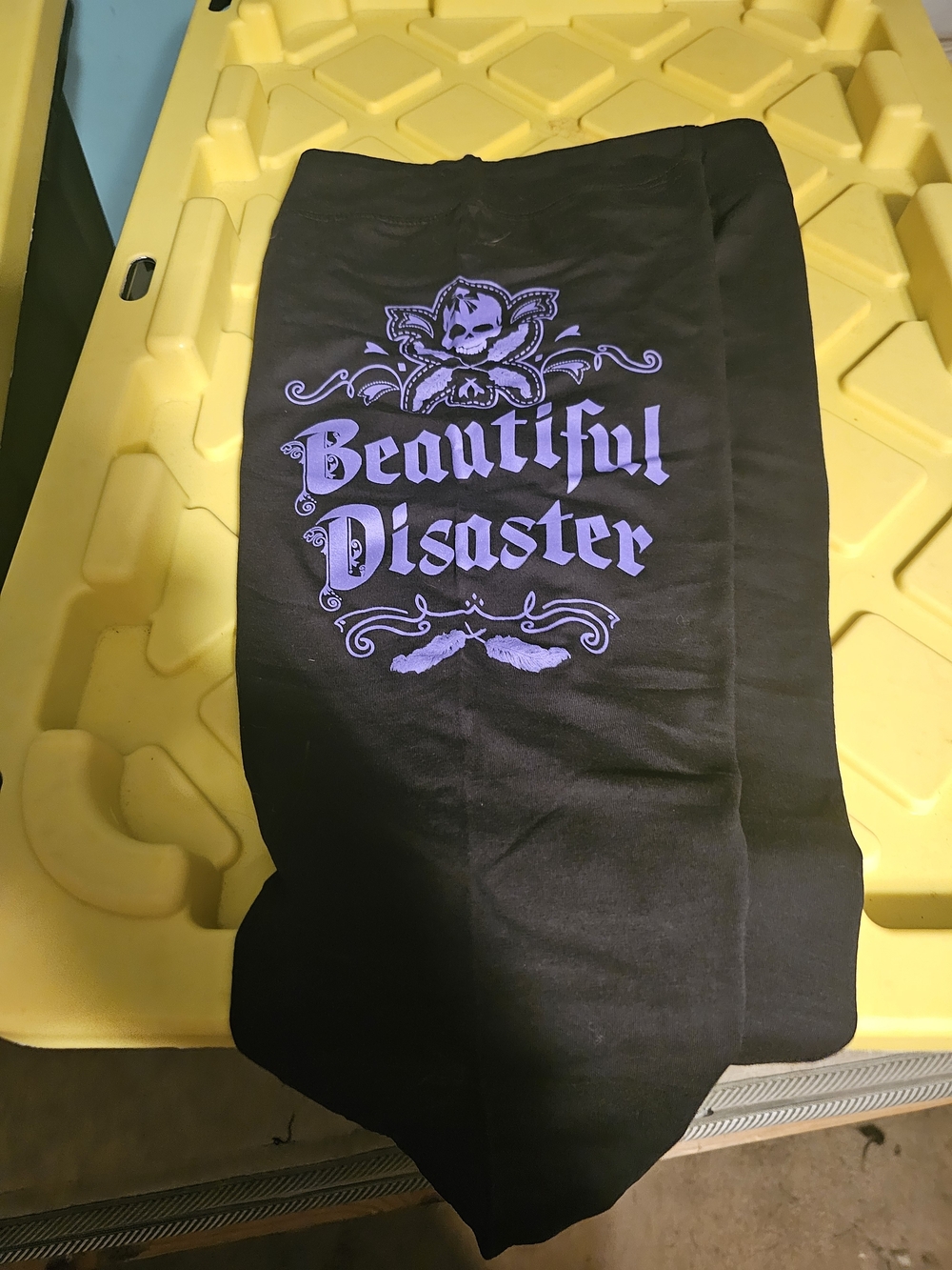 Beautiful Disaster Women’s Black Leggings with Purple Graphic